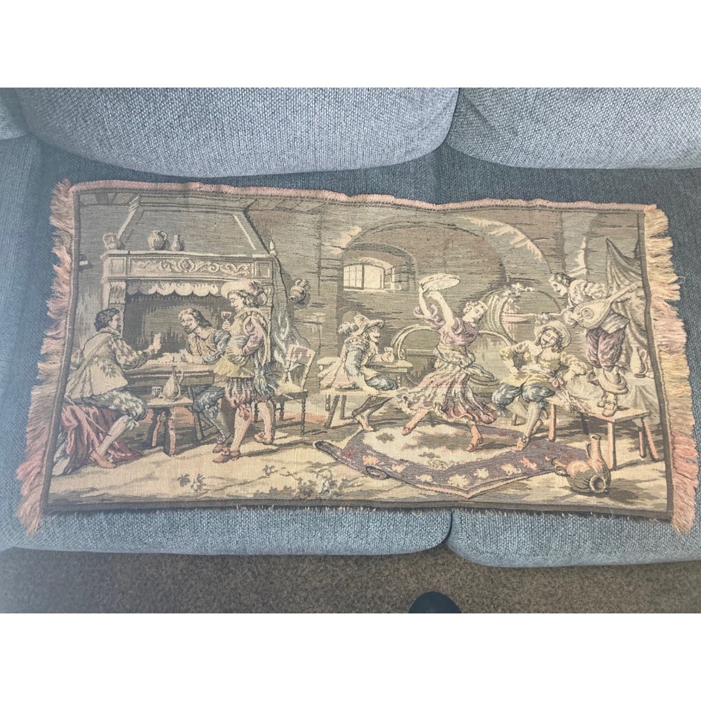 Vtg Woven Tapestry Table Runner‎ Figural Tavern Dance French Belgian Style 36"